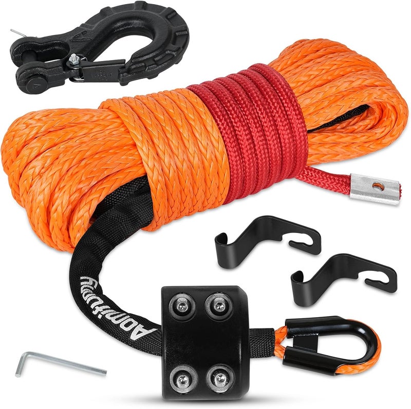 Aomifunny حبل ونش صناعي، 1/4" × 50 قدم 10000 رطل حبل ونش، كابل ونش صناعي مع غلاف واقي + خطاف ونش + حزام سحب أمان لمركبات الطرق الوعرة ATV UTV SUV (برتقالي) - Image 1